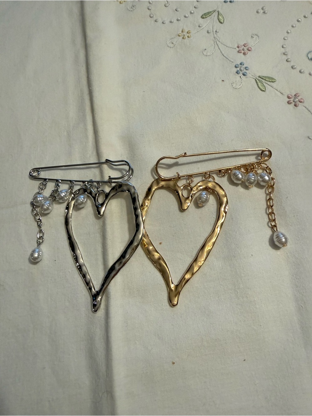 Gold And SilverHeart Safety Pin Brooch with Faux Pearl Dangles - Women's Jewelry